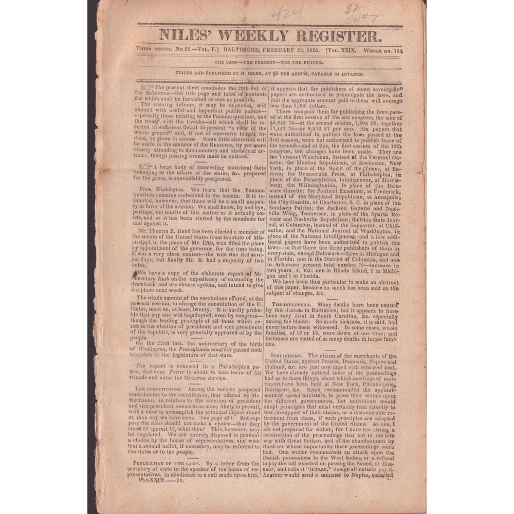 Feb 25 1826 Niles' Weekly Register Baltimore Maryland Antique Newspaper Issue